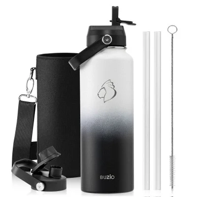 Buzio Duet Series Water Bottle with 2 Lids and Sleeve 1.2L - Black White